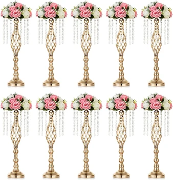 10 Ks Zlatá Váza pre Svadobné Centerpieces Stolové Dekorácie s Luster Kryštály, Kvetinové Vázy, Svadobné Kovový Kvet Stojan
