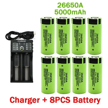 100% Nový, Originálny vysokej kvality 26650 batérie 5000mAh 3,7 V 50A lítium-iónová nabíjateľná batéria pre 26650A LED baterka+nabíjačka