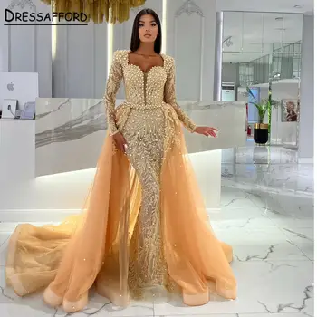 2023 Dlhé Rukávy Večerné Šaty Luxusný Dubaj Korálkové Moslimské Ženy, Svadobné Formálne Party Šaty S Viac Sukne
