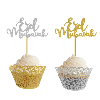 20pcs Lesk Zlata a Striebra Eid Mubarak Cupcake Mulčovače Pre Moslimských Eid Strany Cake Decoration