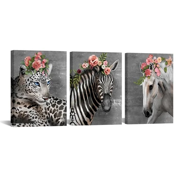 3 Kusy Zvieratá, Kvety Stenu Decor Plagát Leopard Zebra Kôň Vytlačiť Plátno Umenie Moderný Štýl Obrázok Steny v Obývacej Izbe Umenie