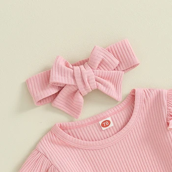 Baby Girl 3 Ks Jarného Oblečenia Infant Girls Long Sleeve Rebrovaný Prehrabať Romper Nohavice Luk Hlavový Most Oblečenie Sady