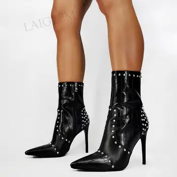 DOBANER Ženy Členková Obuv Rivetes Čierne Bočné Zip Ručné Stiletto Heeles Topánky Dámske Unisex Topánky Žena Plus Veľkosť 44 46 47
