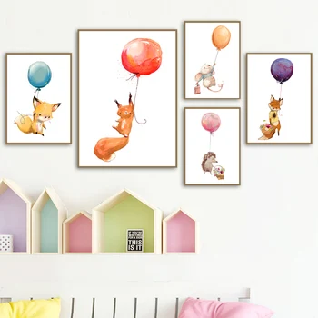 Dieťa Plagát Cartoon Líška, Zajac Jež Plátno na Maľovanie Roztomilý Zvieratá Holding Balón obrazov na Stenu pre Deti Izba Dekor