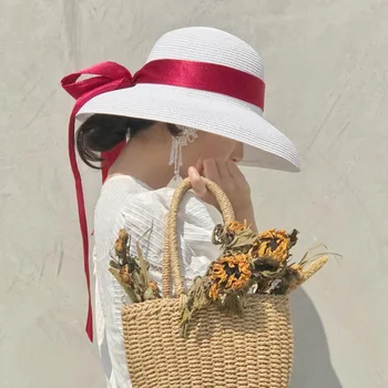 Francúzsky nádherné elegantné luk povodí klobúk ženské módne dievča, pletená slama klobúk skladacia slnko klobúk cestovné opaľovací krém bežné pláž hat