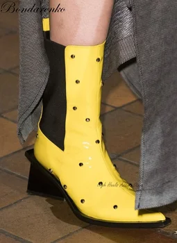 Husto Ukázal Prst Žltá Chelsea Boots Ženy Robustný Nízkom Podpätku Kožené Polovici Teľa Boot Dizajnér 2023 Nové Lady Príčinné Šaty Topánky