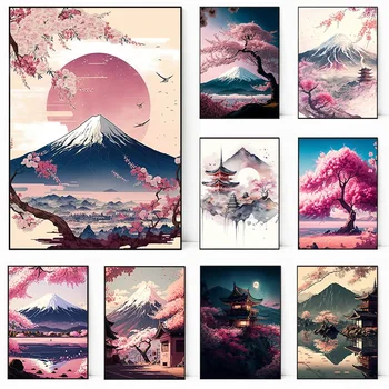 Japonský Cherry Blossom Fuji Horského Slnka Tokio Scenérie Plagát HD Vytlačené Plátno na Maľovanie na Stenu Umenie Fotografie Domova