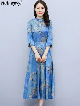 Jar Leto Blue Print Hodváb Cheongsam Midi Šaty Ženy, Luxusné Elegantné Príležitostné Večerné Šaty 2023 Módne Bodycon Strany Vestidos