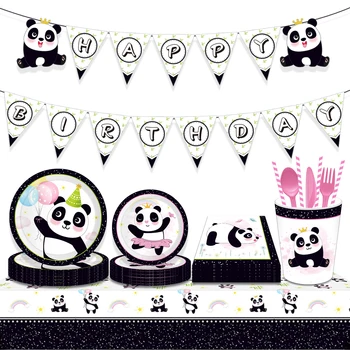 Karikatúra Roztomilý Panda Baby Zvieratá Deti Narodeniny Jednorázový Riad Sady Baby Sprcha Strany Zavesenie Zástavy Foto Masky, Rekvizity Dekor