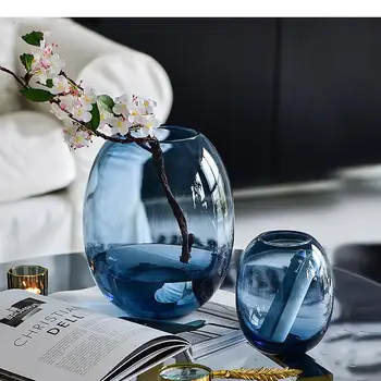 Kreatívne Priehľadné Modré Sklenené Vázy Hydroponics Kvetináče Stôl Dekorácie, Kvety Usporiadanie Moderné Kruhové Kvetinové Vázy