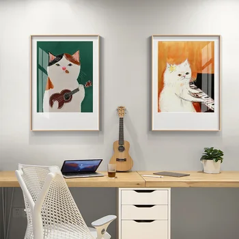 Kreslených Mačka Plátno Maľby Zvierat Wall Art Klavír Dievčatá Plagáty a Vytlačí Obrázok Kreatívne Nástenné Obrazy pre Interiér Domova
