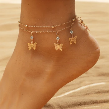 Kúzlo Zlato Drahokamu Prívesok Motýľ Členok Náramok Dvojité Vrstvený Nohy Reťazca pre Ženy Letné Pláž Príslušenstvo Šperky