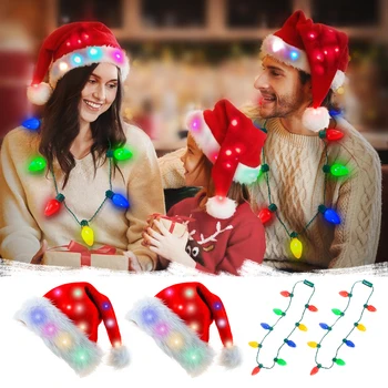Led Svetlo-Až Vianočné Hat Nastaviť Zábavné Blikajúce Červené Santa Klobúk S Farebné Žiarovky Náhrdelník Pre Deti, Dospelých Xmas Party Dodávky