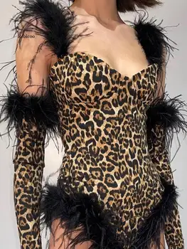 Leopard Tlač Kombinézu Jeseň Zima Pierko Mimo Rameno S Rukávom Sexy Chic Žena Kombinézu Chudá Elegantné Strana Tela Bodycon
