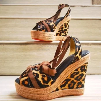 Luk Tkané Sandále Leopard Tlač Vysokom Podpätku Topánky Dámske Topánky Členok Sťahovacie Ukázal Prst Kliny Podpätky 2023 Nové Zapatos Para Mujere