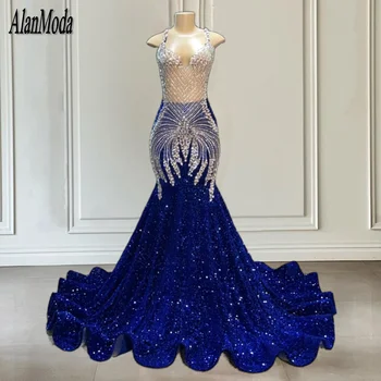 Modrá Prom Šaty Pre Black Dievčatá 2024 Drahokamu Mermaid Party Šaty Crystal Africkej Ženy Sequin Večerné Šaty Dlhé Slávnosti