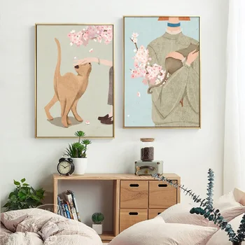 Nordic Dievčatá s Mačky Plátno Maľovaní Plagátov a Vytlačí Minimalistický Wall Art Čerešňové kvety Obrázky, Obývacia Izba, Spálňa