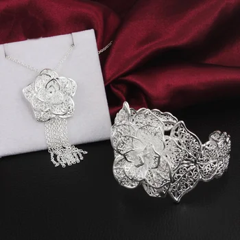 Nové 925 Sterling Silver žena svadobné Šperky sady Dosť veľký kvetina náhrdelník Prívesok náramok náramok fashion party Dovolenku darček