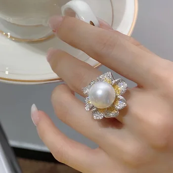 Nový Francúzsky Pearl Flower Krúžok Žien Studený Vietor Luxus Plný Diamond Zirconia Krúžok Ženské Party, Narodeniny, Svadobné Šperky Darček