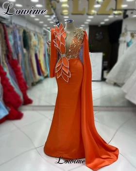 Orange Morská Víla Celebrity Šaty S Kryštály Dlhé Rukávy Formálne Príležitosti Šaty Vestidos De Gala Perly Večerné Šaty