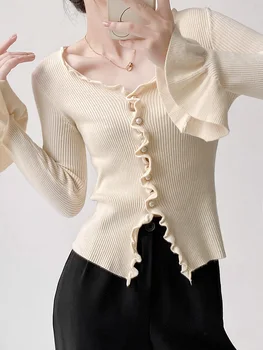 QOERLIN Volánikmi Svetlice Rukáv Vesty Ženy tvaru Ostrihané Topy Black Marhuľový kórejský Pletený Sveter Slim-Fit Knitwear Žena