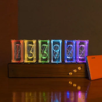 RGB Nixie Tube Clock Dreva Led Digitálny Elektronický písací Stôl Ploche Hodiny Smart Kovové Vintage Obývacia Izba Domáce Dekorácie, Darčeky