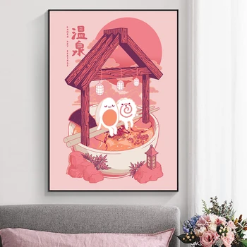 Ramen Pramene Maľovanie Japonské Steny Umelecké Plátno, Tlač Plagátu, Zábavné, Roztomilé Ružové Obrázok pre Kuchyňa, Jedáleň Domova Cuadros
