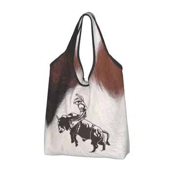 Recyklácia Západnej Kovboj Rodeo Býk Koni Cowhide Nákupní Taška Ženy Tote Taška Prenosná Krava Textúra S Potravinami Shopper Tašky