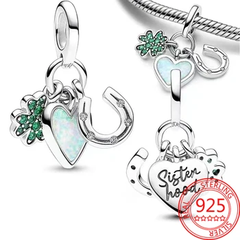 Skutočné 925 Sterling Silver Four Leaf Clover, Srdce a Podkovy Triple Visieť Kúzlo Fit Pandora Náramok Ženy Jemné Šperky
