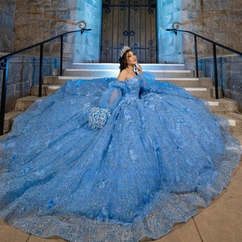 Sky Blue (Nebeská Modrá Princezná Quinceanera Šaty Plesové Šaty, Zlatko Tylu Iskru Sweet 16 Šaty 15 Años Mexickej