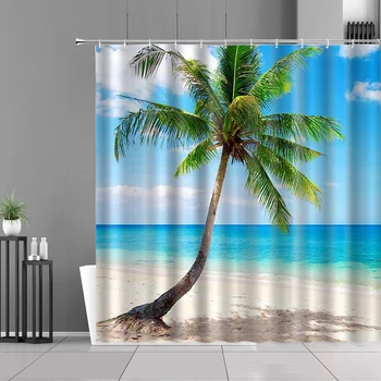 Slnečné Pláže Vaňa Záclony Morské Scenérie Coconut Tree Kúpeľňa Decor Obrazovke Prírody Vzor Sprchový Záves Fotografické Pozadie