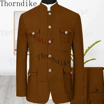 Thorndike 2023 Klasický Štýl 2 Kusy Podnikania Muži Office Nosiť Obleky Sady Bežné Strany Tuxedos Luxusné Svetlo Modrý Kocúrik Vyhovuje