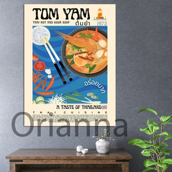 Tom Yam Plagát Retro Štýl, Thajskej Kuchyne Wall Art, Thajské Jedlo Výtlačkov, Moderná Kuchyňa Decor, Ázijských Potravín Pad Thai Wall Art Plátno