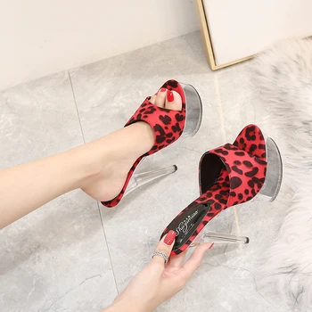 Topánky Žena Platformu Sandále Priehľadný Kryštál Leopard Jasné Podpätky 15 cm Nepremokavé Sandále Veľká Veľkosť Žena Papuče Ženy