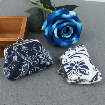 Vintage Mini Hasp Modré a Biele Porcelánové Kvet Spojka Taška Držiteľa Karty Malá Peňaženka Peňaženky Mincu