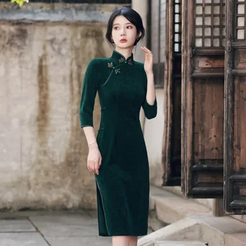 Vintage Zelená Sexy Štíhla Polovice Dĺžky Cheongsam Ženy Nadrozmerná Čínske Šaty Mandarin Golier Elegantné Party Šaty Klasické Qipao