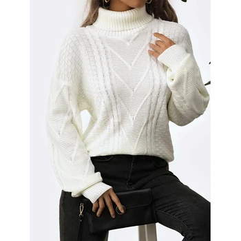 Vysoká krku sveter jesenné a zimné nové voľné Vyprážané Cesto Zvraty troch-dimenzionální dlhý rukáv vlnený sveter ženy