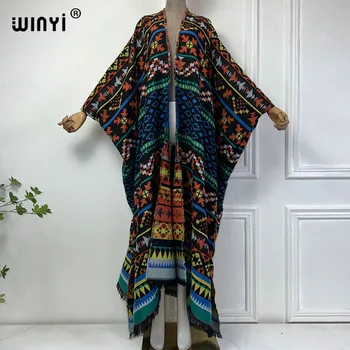WINYI 2024 zimné cardigan Afrike tlač ženy voľné bunda Teplá kimono dlho dole kabát Blízkom Východe módne abaya dovolenku šaty