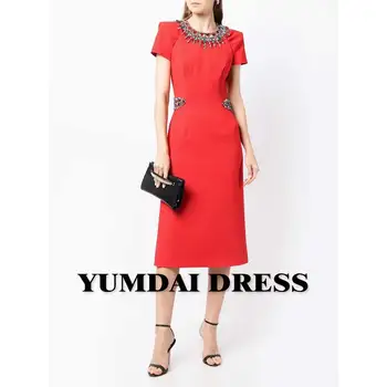 YUMDAI Luxusný Dubaj Drahokamu Červený Krepový Midi Večerné Šaty 2023 Zvláštne Príležitosti Saudskej Svadobné Party Hosť Formálne Šaty