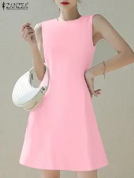 ZANZEA Lete Bežné Nádrže Šaty Elegantné Ružové Vestidos Ženy kórejský Štýl Mini Šaty okolo Krku bez Rukávov Módne Krátke Šaty