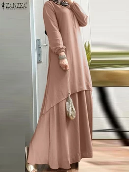 ZANZEA Módne Pevné Islamské Oblečenie Šaty, Elegantné Maxi Šaty Žien Jar Dlhý Rukáv Moslimských Dubaj Turecko Abaya Hidžáb Sundress