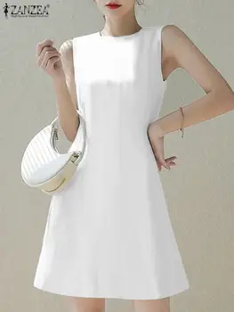 ZANZEA kórejský Štýl Kolo Krku Vestido Ženy bez Rukávov Mini Šaty 2023 Lete Bežné čiary Nádrže Šaty Vintage Pevné Sundress