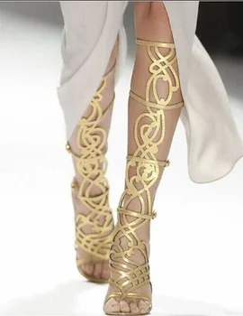 Zlaté Zrkadlo Laser Duté Štipku Sexy Koleno-Vysoká Fáze Rímske Sandále, Topánky Tenké Silné Päty Lete Pracky dámske Topánky