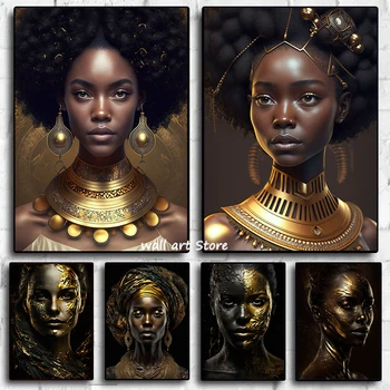Čierne Ženy Zlato Plagát Africké Umenie Škandinávskych Plátno na Maľovanie HD Tlač Moderné Nástenné Art Obraz Obývacia Izba, Spálňa Decor