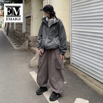 Šnúrkou Stojan Golier Bunda Muži Ženy Japonský Streetwear Módy Vintage Voľné Bežné Zips Bunda Pár Unisex Kabát