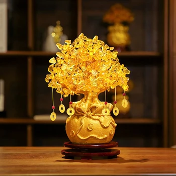 Šťastie Strom Bohatstvo Yellow Crystal Strom Prírodné Peniaze Strom Ozdoby Bonsai Štýl Bohatstvo, Šťastie Feng Shui Ozdoby Plavidlá