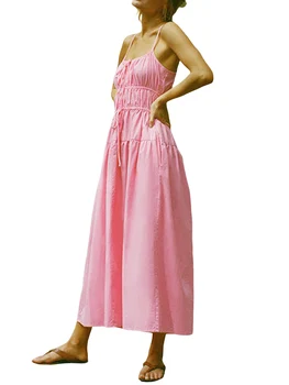 Ženy s Príležitostné Letné Dlhé Šaty jednofarebné bez Rukávov Ruched Šaty Skladaný A-line Šaty s Vreckami