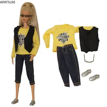 Žltá Módne Oblečenie Pre Barbie Doll Oblečenie Set Pre Barbie T-shirt Vestu Plodín, Nohavice, Topánky, Okuliare 1/6 Bábiky, Príslušenstvo
