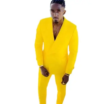 Žltý Kabát Muži Obleky 2 ks Šatka Klope Business Bežné kvalitné pánske Oblek na Svadbu Tuxedos(Bunda+Nohavice)na Zákazku Nohavice