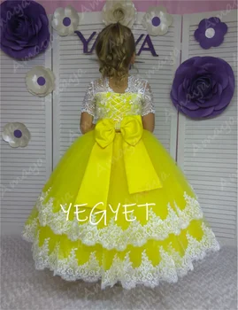 Žltý Kvet Dievčatá Šaty pre Svadobné Čipky Appliques Sprievod Prijímanie Narodeniny Šaty Krátke Rukávy Vestido de Niña
